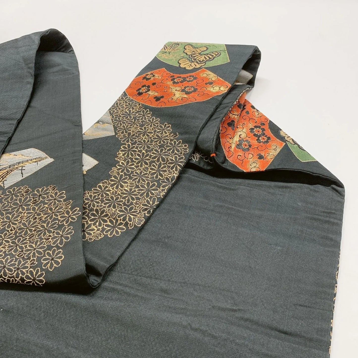 7350# Japanese Antique Nagoya Obi Belt Kimono Fabric Silk Traditional Black