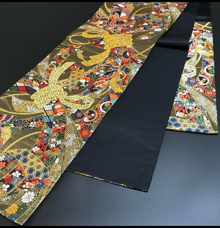 1205# Japanese Vintage Furisode Kimono Obi Obijime Obiage 4-Piece Set Silk Robe