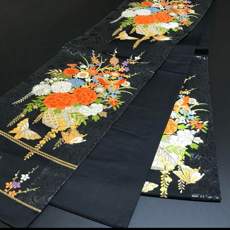 6169# Japanese Vintage Furisode Kimono Obi Obijime Obiage 4-Piece Set Silk Robe