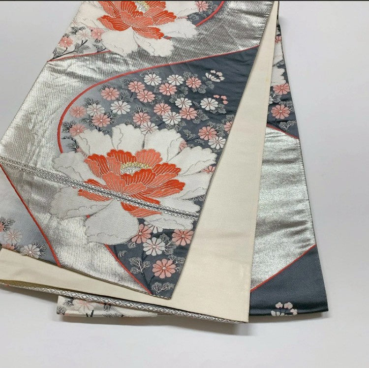 7123# Japanese Vintage Furisode Kimono Obi Obijime Obiage 4-Piece Set Silk Robe