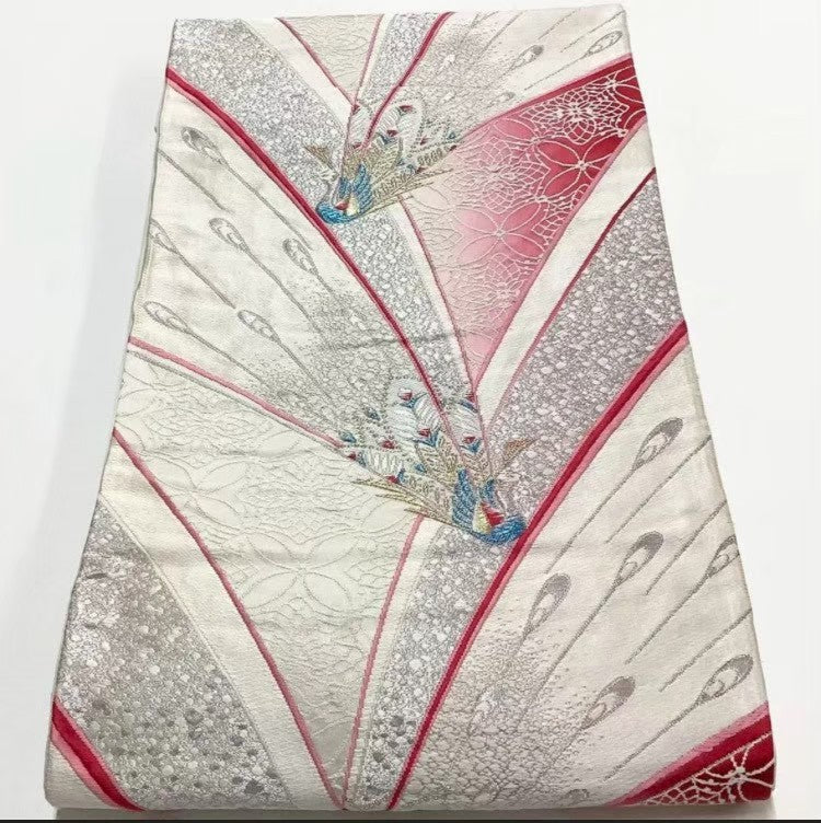 7470# Japanese Vintage Furisode Kimono Obi Obijime Obiage 4-Piece Set Silk Robe