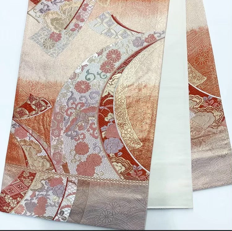 7533# Japanese Vintage Furisode Kimono Obi Obijime Obiage 4-Piece Set Silk Robe