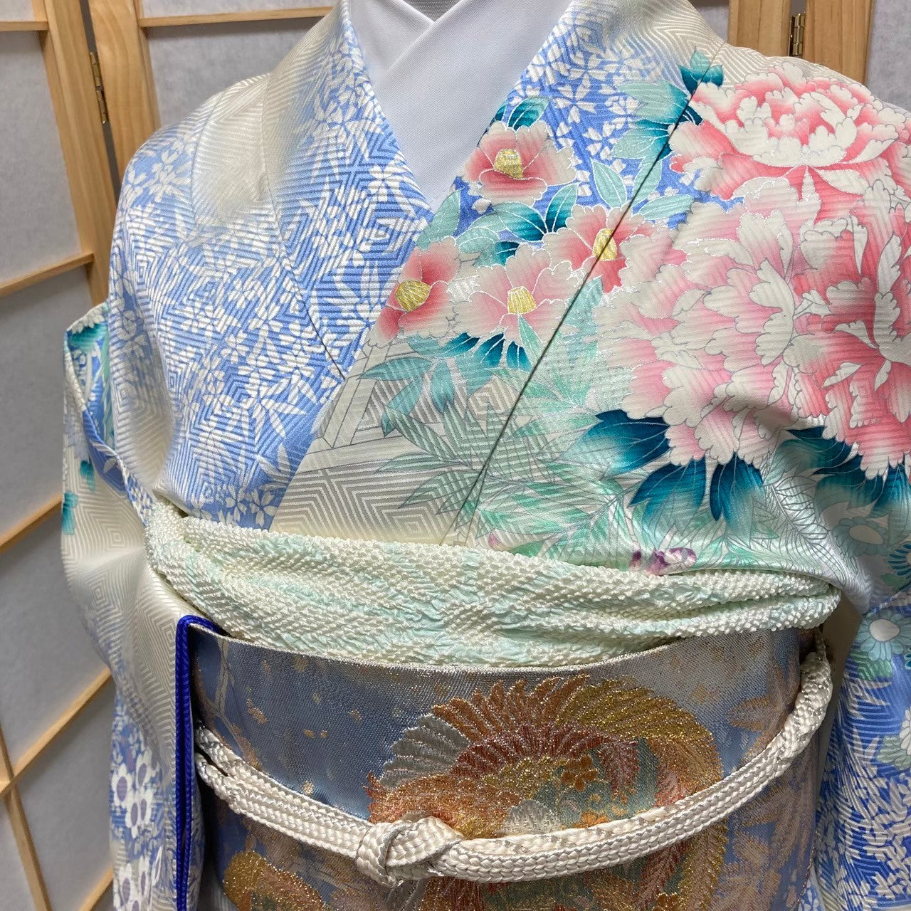 9772# Japanese Furisode Kimono Obi Obijime Obiage 4-Piece Set Womens Silk Robe