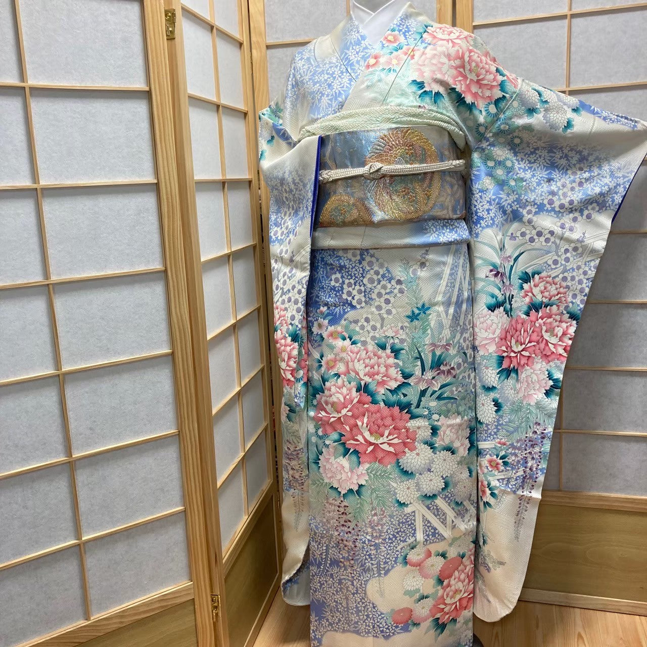 9772# Japanese Furisode Kimono Obi Obijime Obiage 4-Piece Set Womens Silk Robe