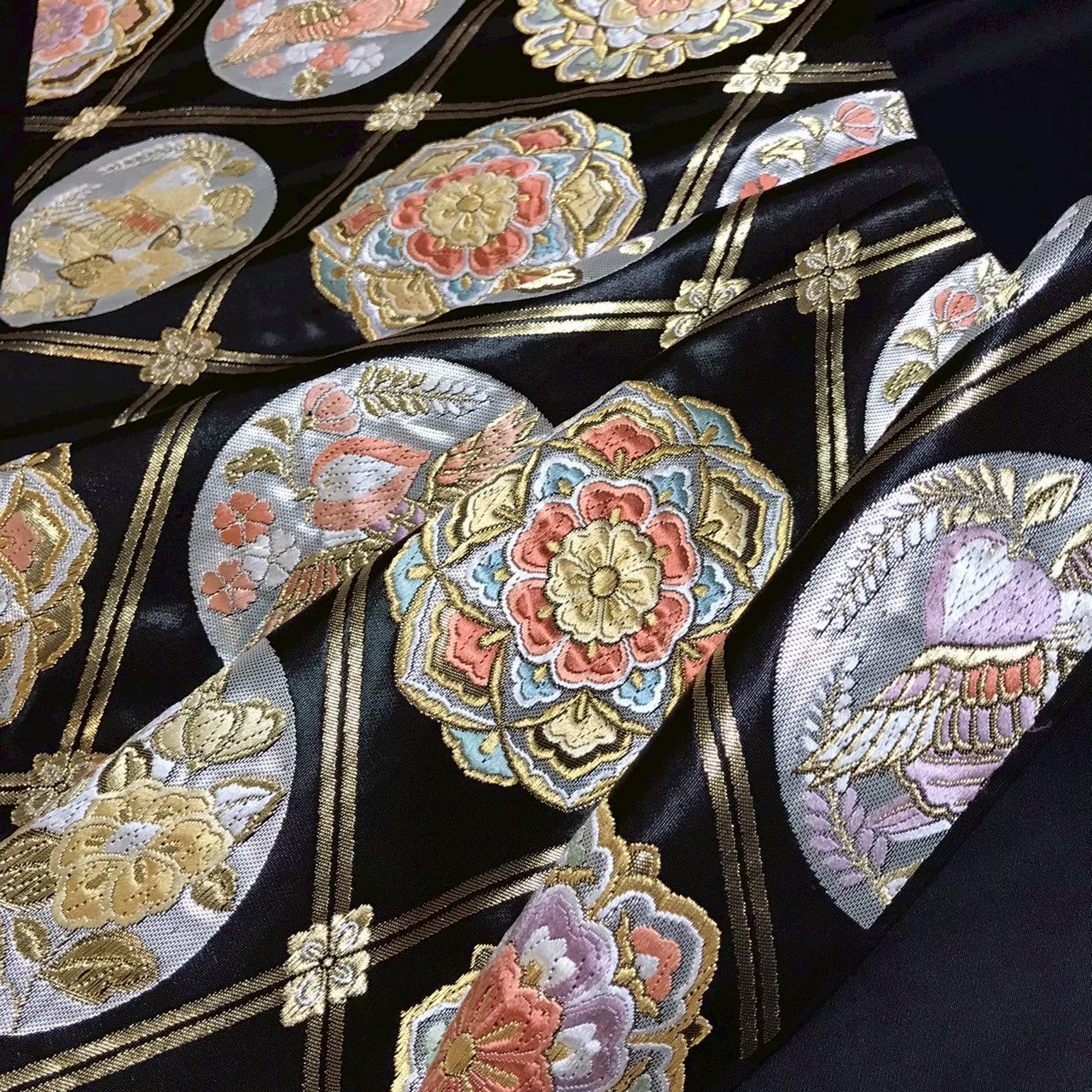 8106# Japanese Vintage Fukuro Obi Belt Kimono Fabric Silk Traditional Black