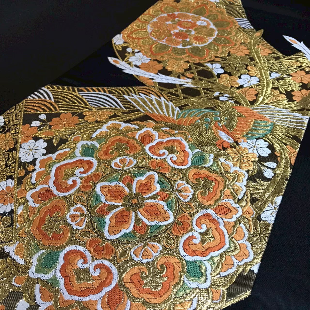8154# Japanese Vintage Fukuro Obi Belt Kimono Fabric Silk Traditional Black