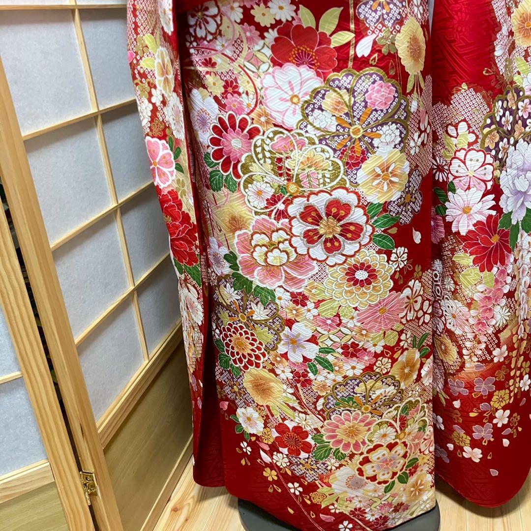 5460# Japanese Vintage Furisode Kimono Obi Obijime Obiage 4-Piece Set Silk Robe