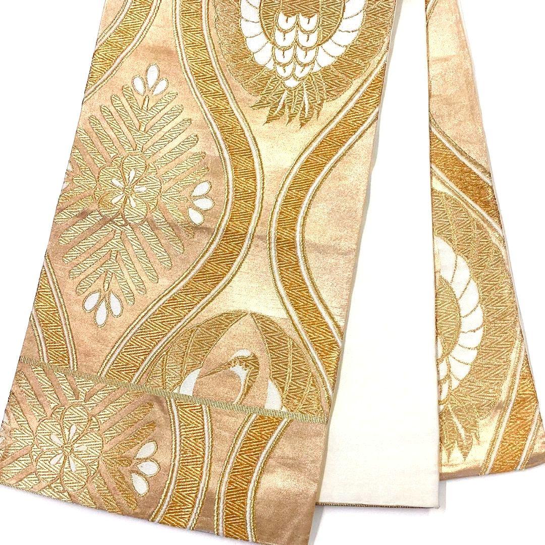 4904# Japanese Vintage Fukuro Obi Belt Kimono Fabric Silk Traditional Gold