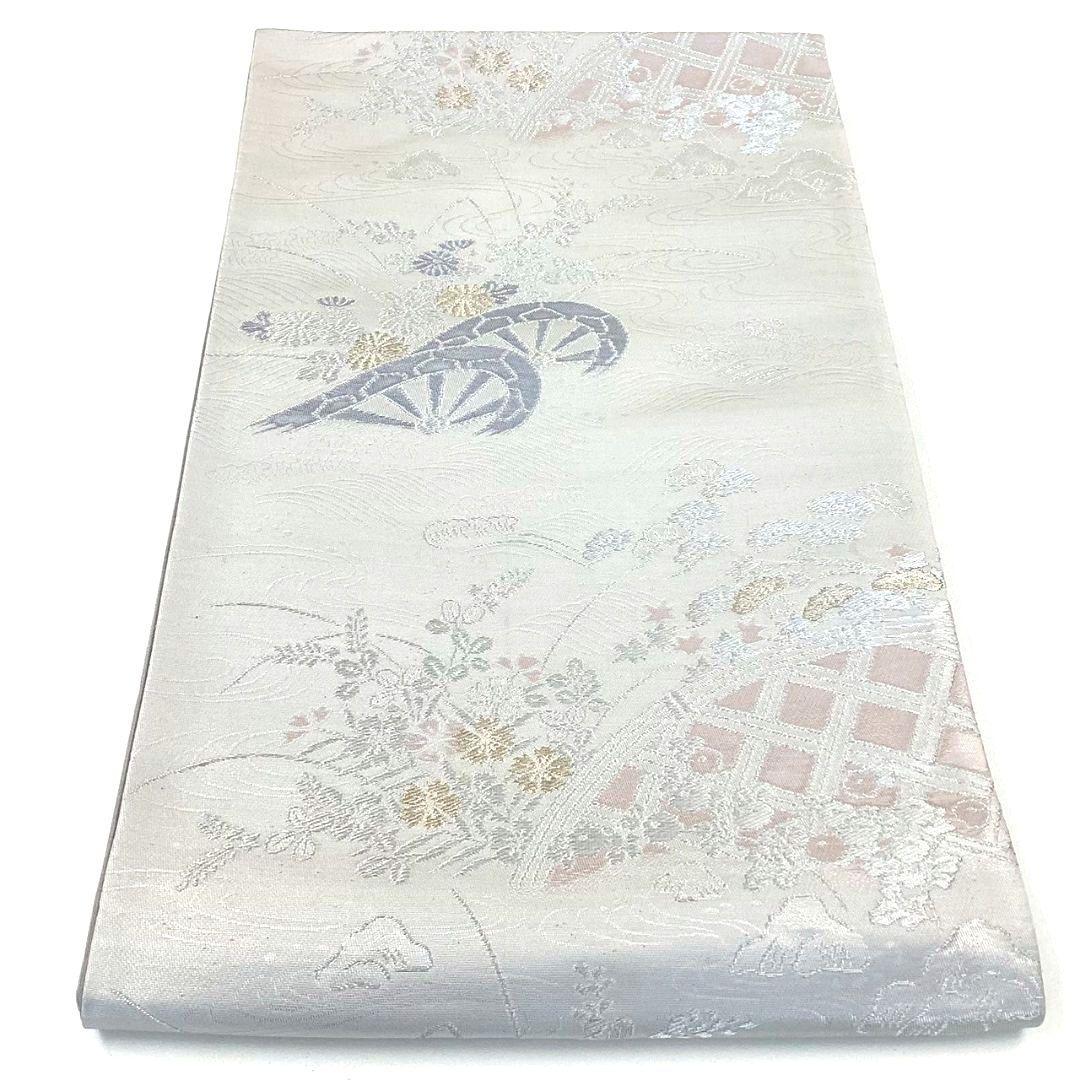 4925# Japanese Vintage Fukuro Obi Belt Kimono Fabric Silk Traditional Silver