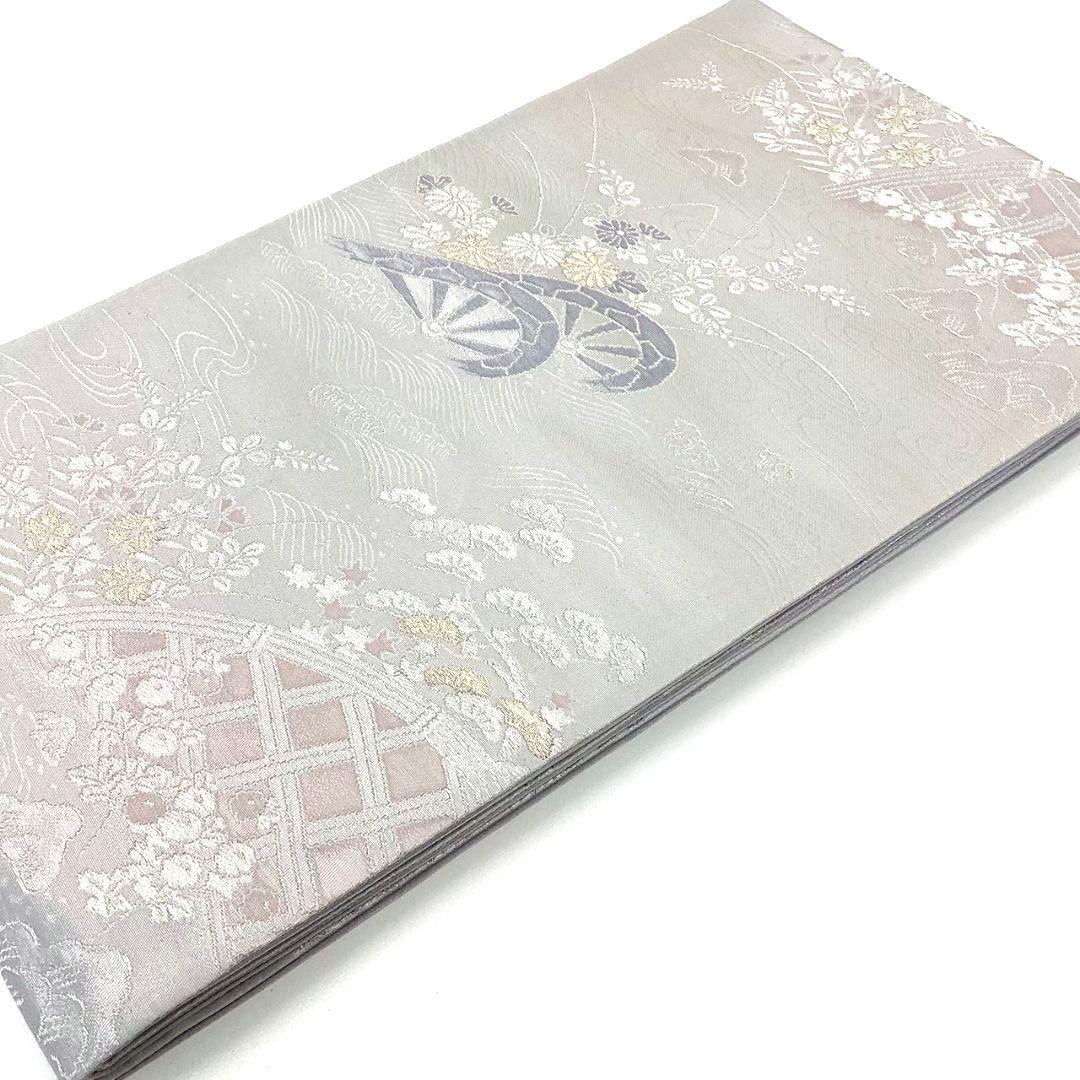 4925# Japanese Vintage Fukuro Obi Belt Kimono Fabric Silk Traditional Silver