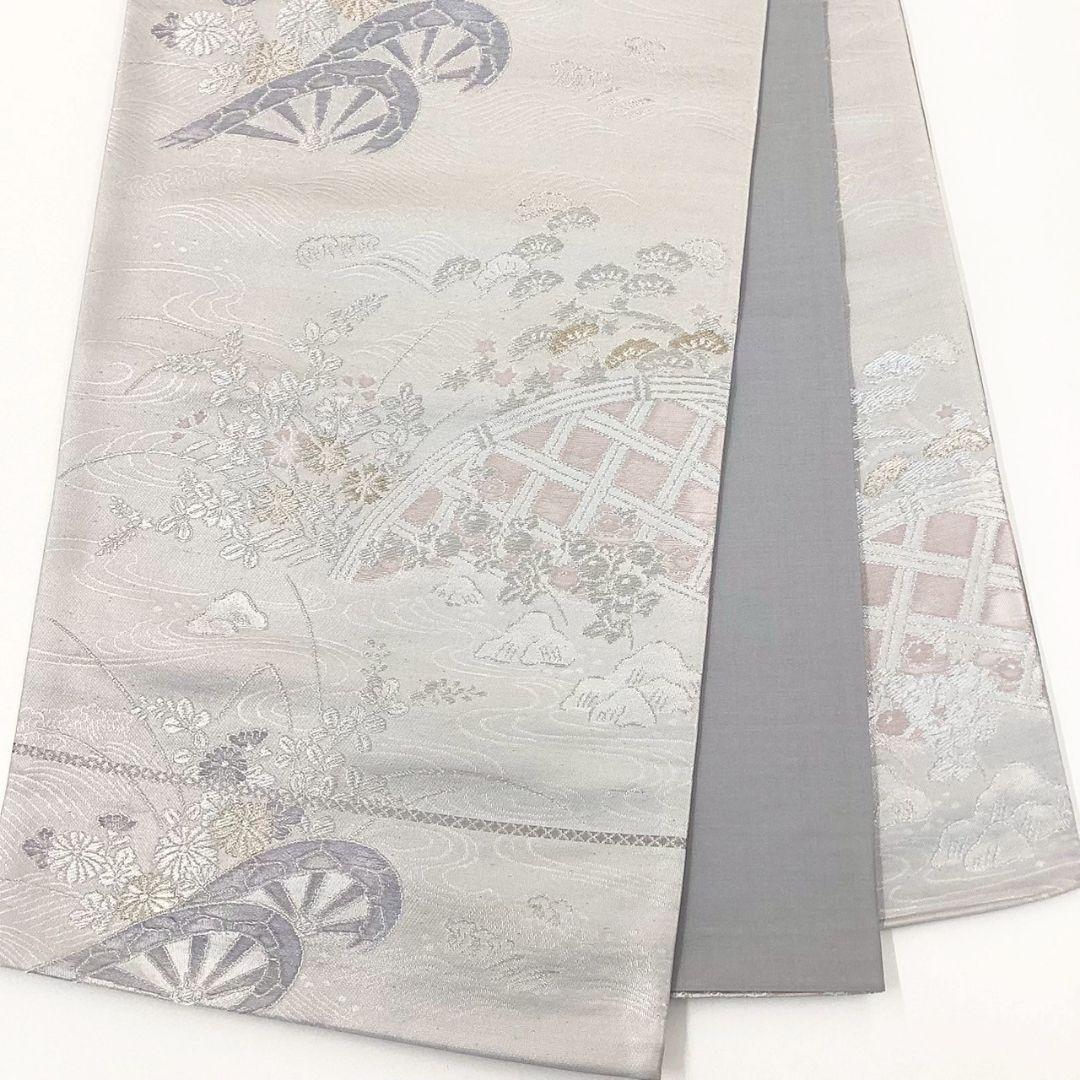 4925# Japanese Vintage Fukuro Obi Belt Kimono Fabric Silk Traditional Silver