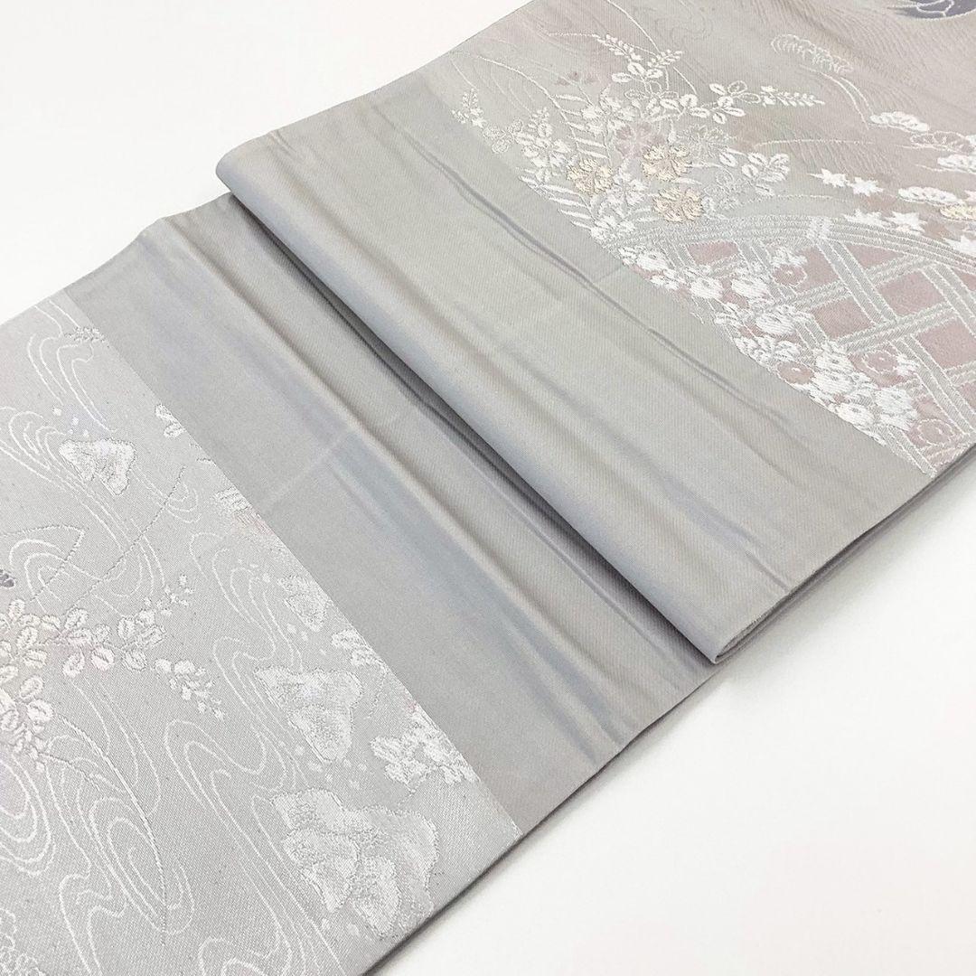 4925# Japanese Vintage Fukuro Obi Belt Kimono Fabric Silk Traditional Silver