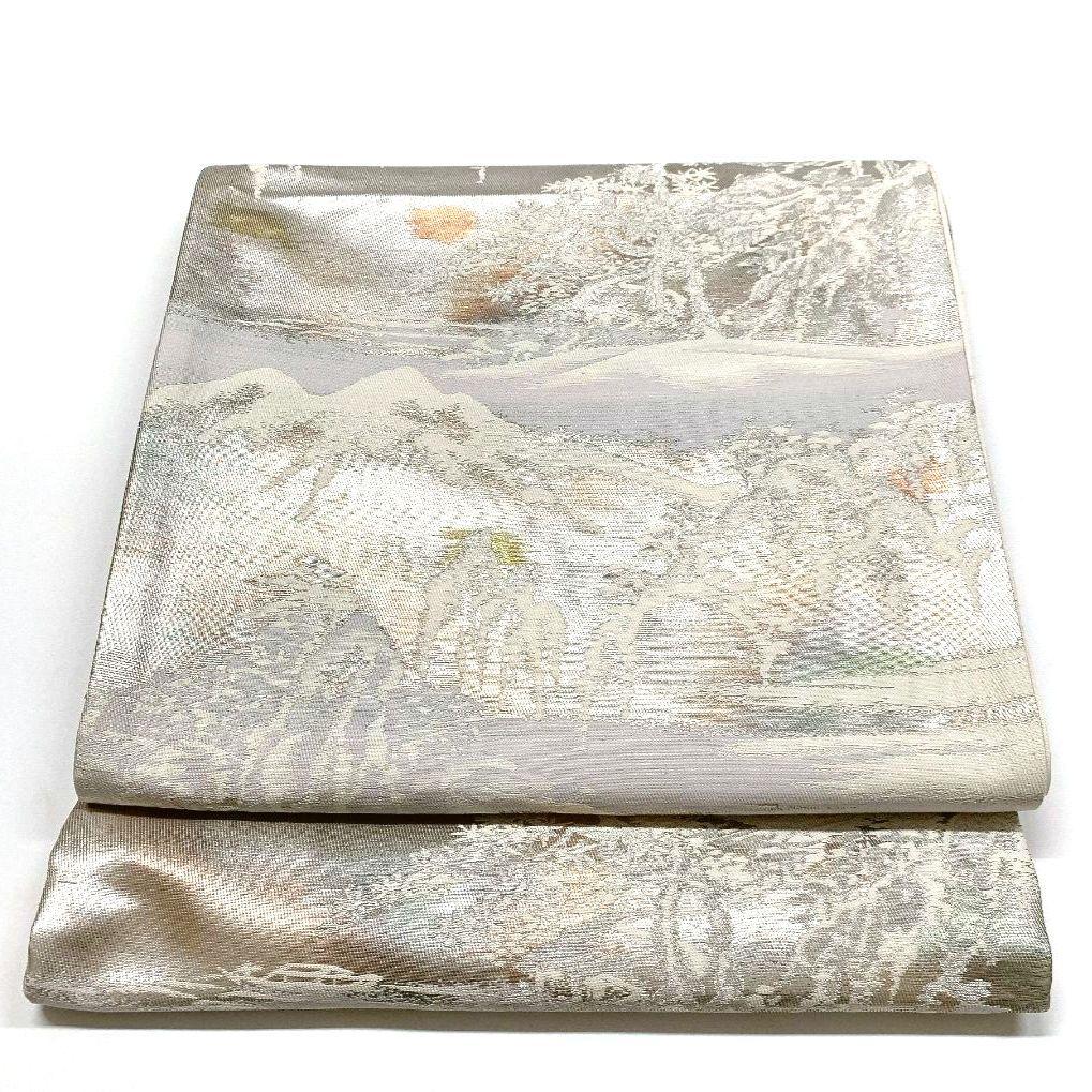 4155# Japanese Vintage Fukuro Obi Belt Kimono Fabric Silk Traditional Silver