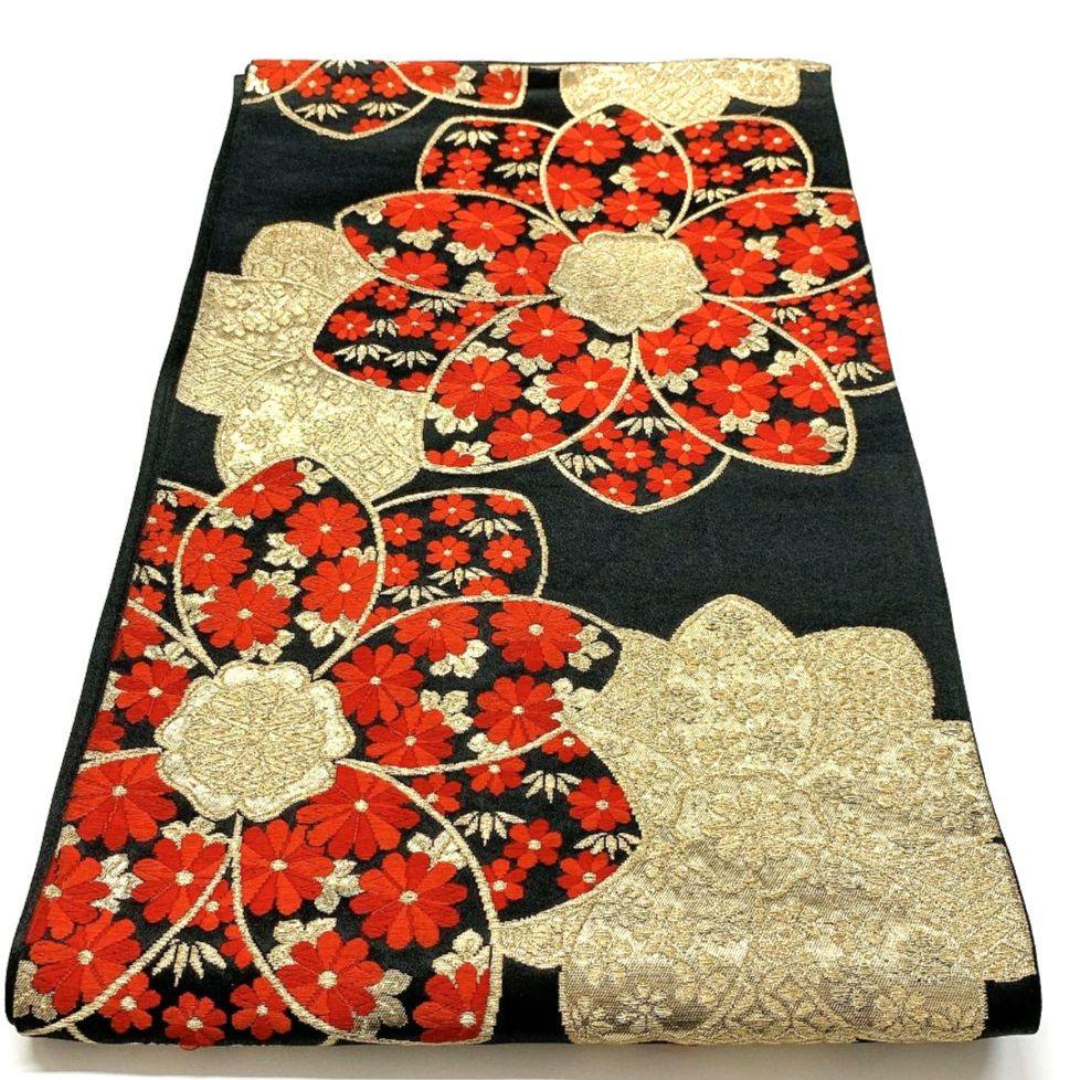 5085# Japanese Vintage Fukuro Obi Belt Kimono Fabric Silk Traditional Black