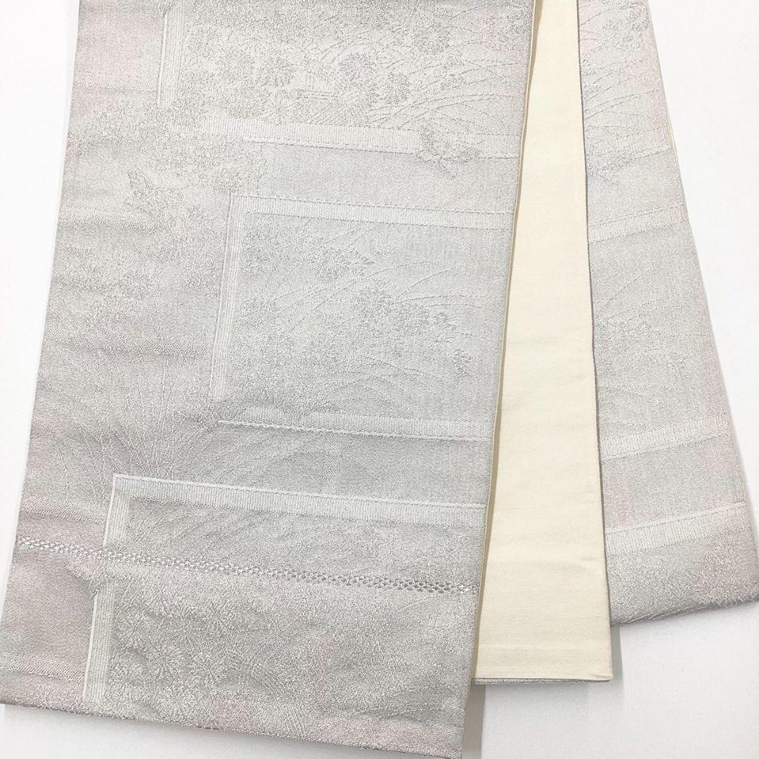 4976# Japanese Vintage Fukuro Obi Belt Kimono Fabric Silk Traditional Silver