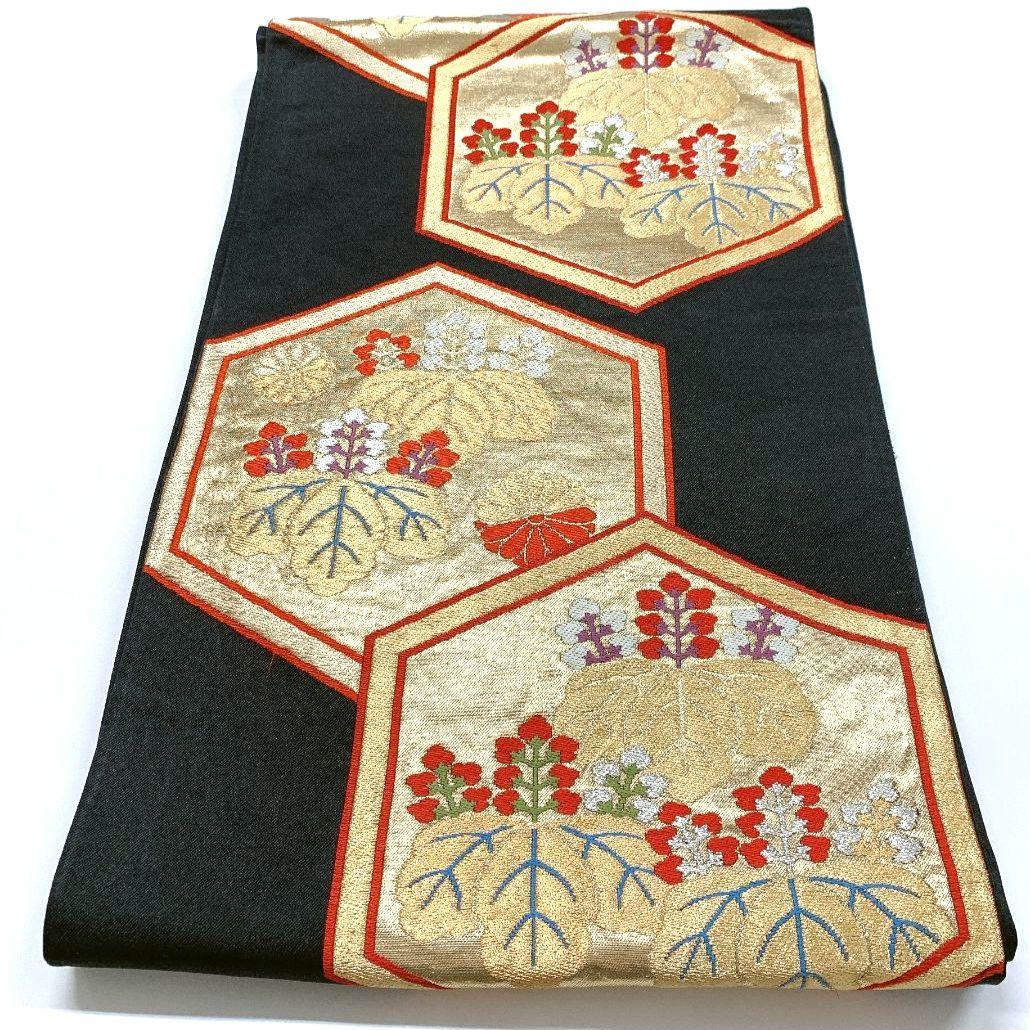 5049# Japanese Vintage Fukuro Obi Belt Kimono Fabric Silk Traditional Black
