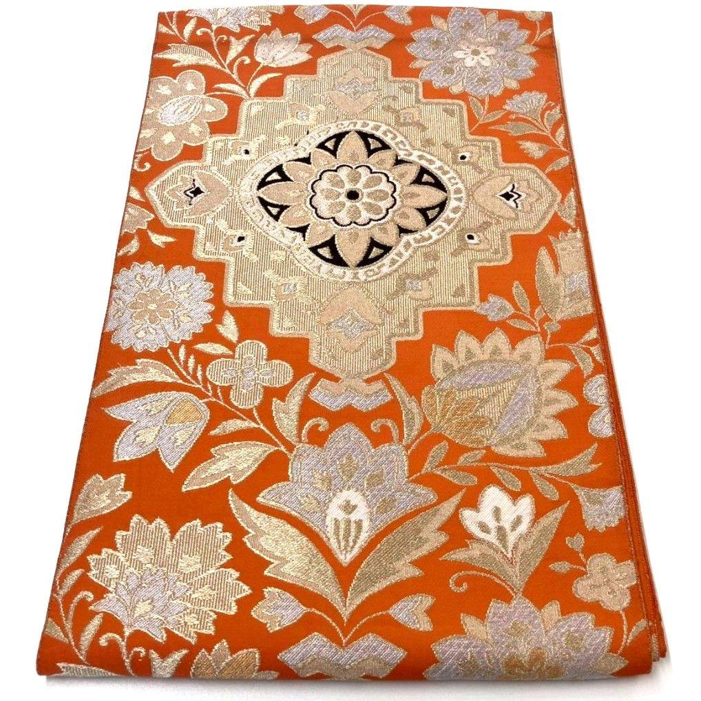 3589# Japanese Vintage Fukuro Obi Belt Kimono Fabric Silk Traditional Orange