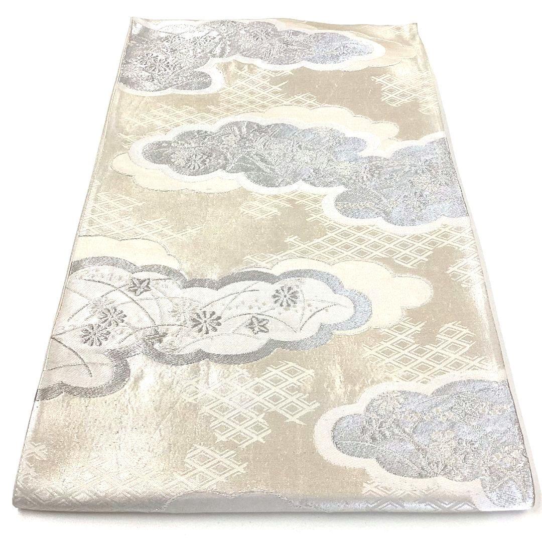 4245# Japanese Vintage Fukuro Obi Belt Kimono Fabric Silk Traditional Silver