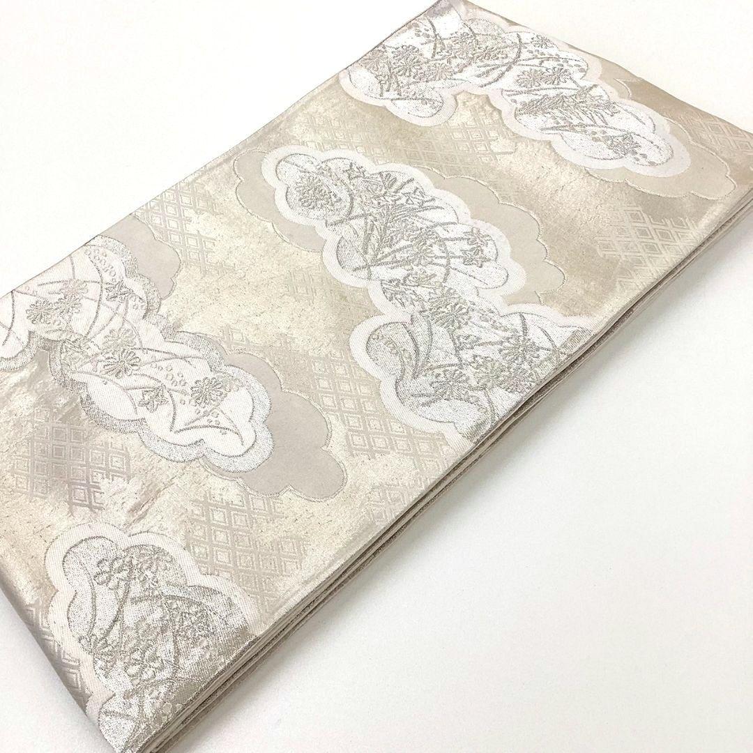4245# Japanese Vintage Fukuro Obi Belt Kimono Fabric Silk Traditional Silver