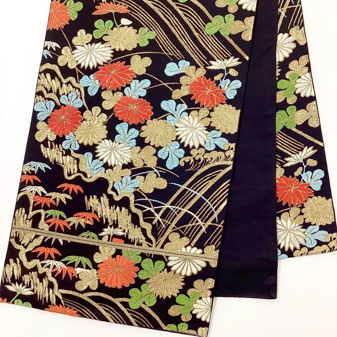 4994# Japanese Vintage Fukuro Obi Belt Kimono Fabric Silk Traditional Black