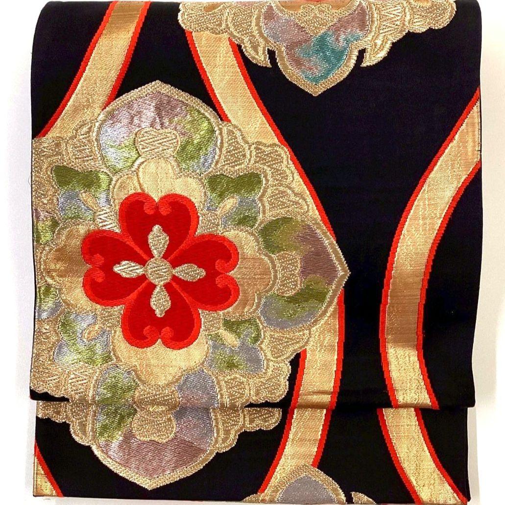 3643# Japanese Vintage Fukuro Obi Belt Kimono Fabric Silk Traditional Black