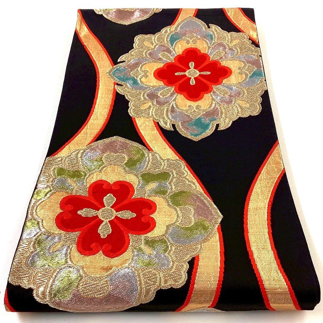 3643# Japanese Vintage Fukuro Obi Belt Kimono Fabric Silk Traditional Black