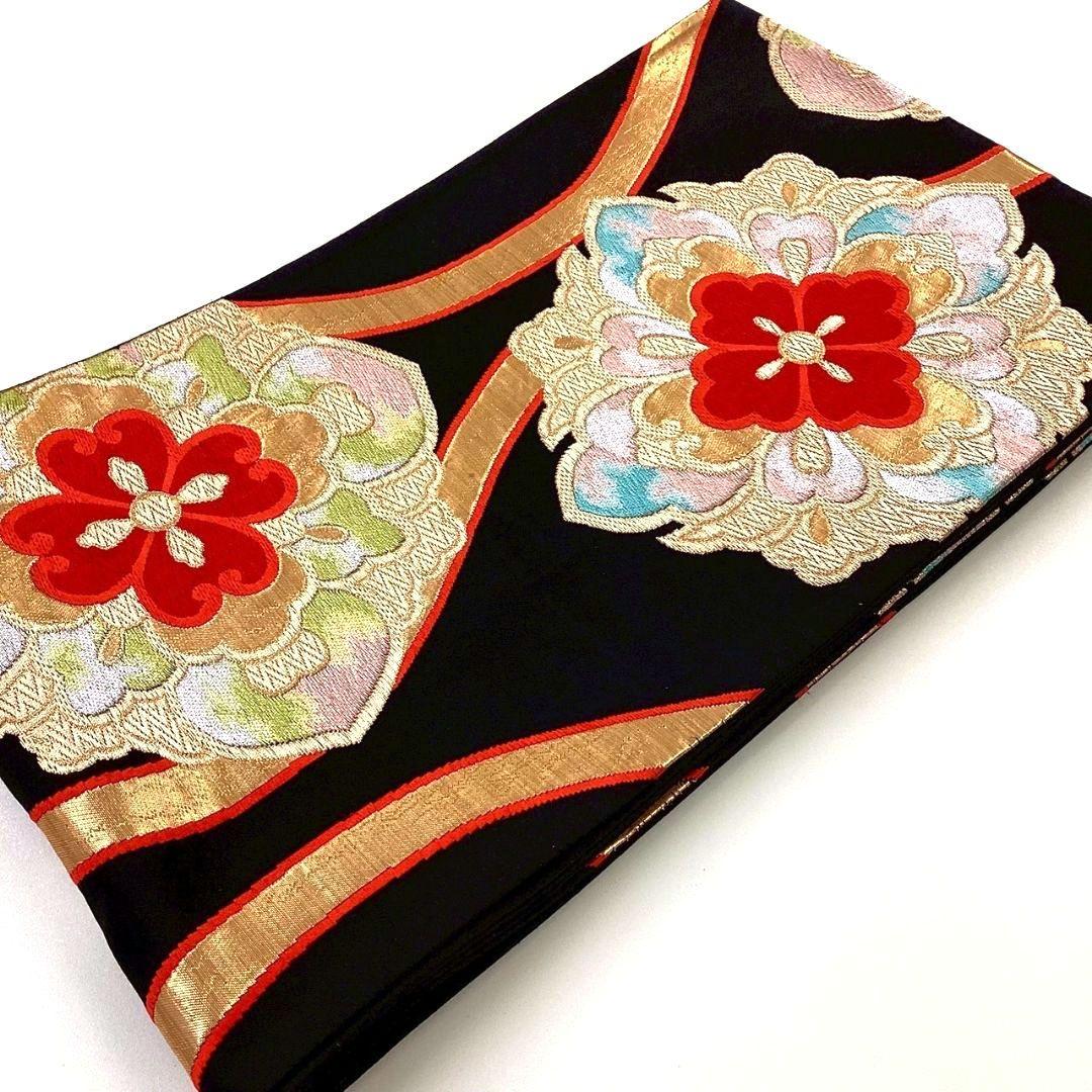 3643# Japanese Vintage Fukuro Obi Belt Kimono Fabric Silk Traditional Black