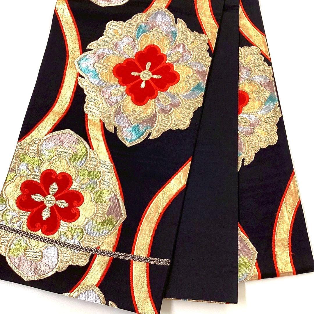 3643# Japanese Vintage Fukuro Obi Belt Kimono Fabric Silk Traditional Black