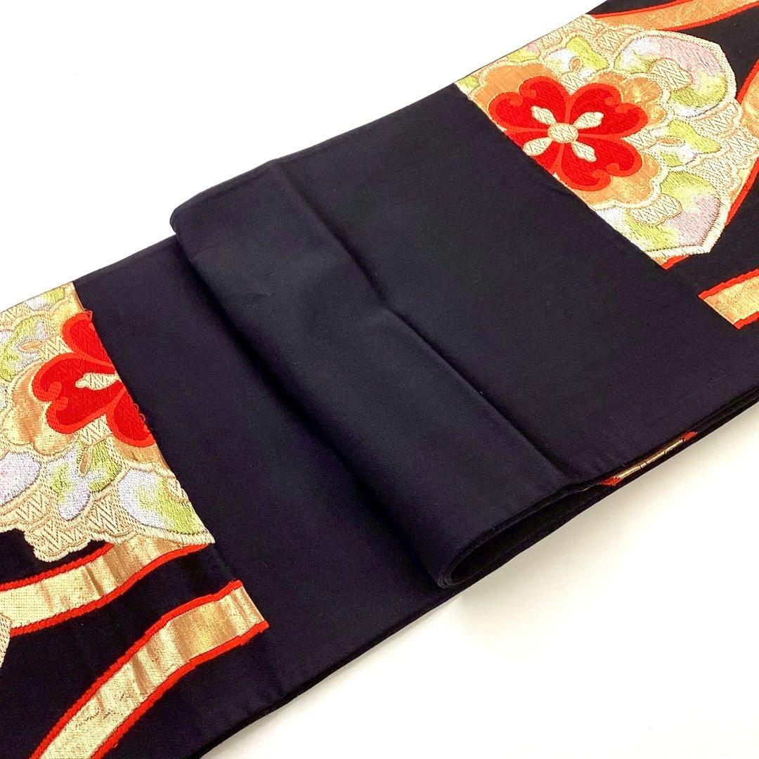3643# Japanese Vintage Fukuro Obi Belt Kimono Fabric Silk Traditional Black