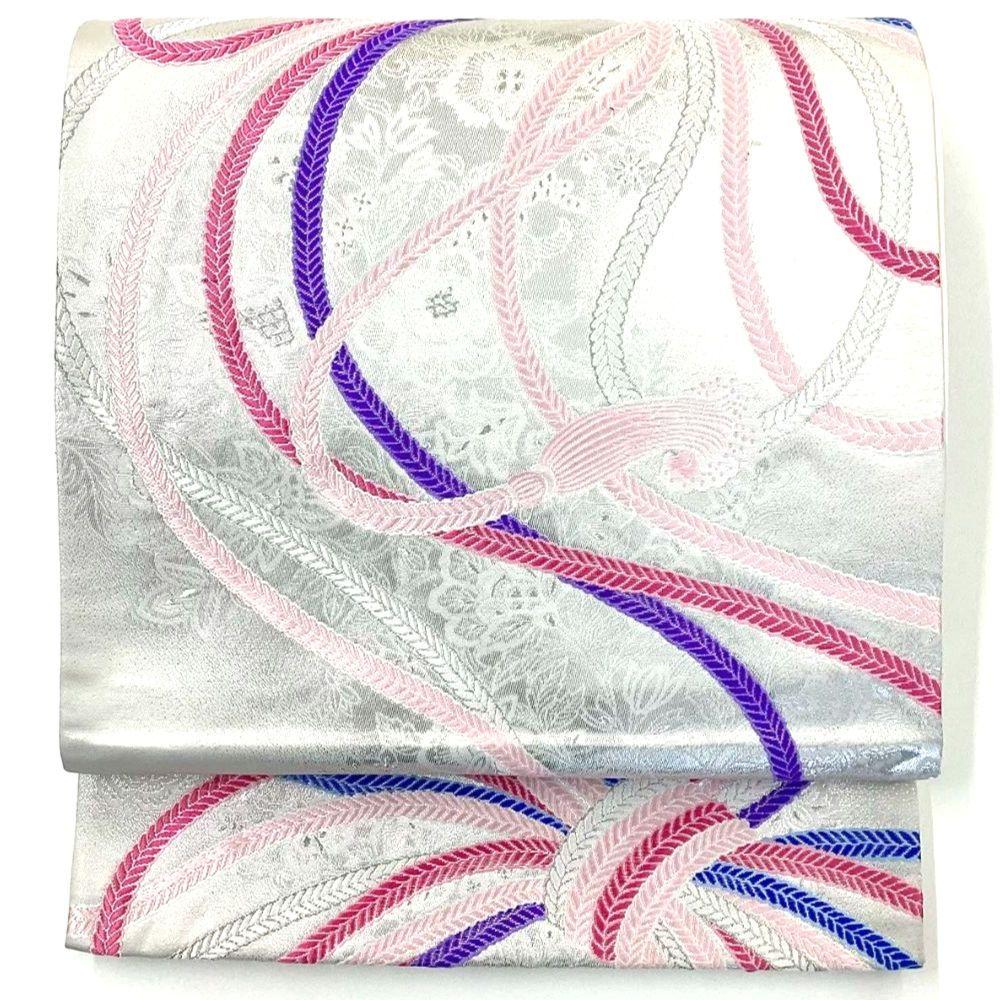 4786# Japanese Vintage Fukuro Obi Belt Kimono Fabric Silk Traditional Silver