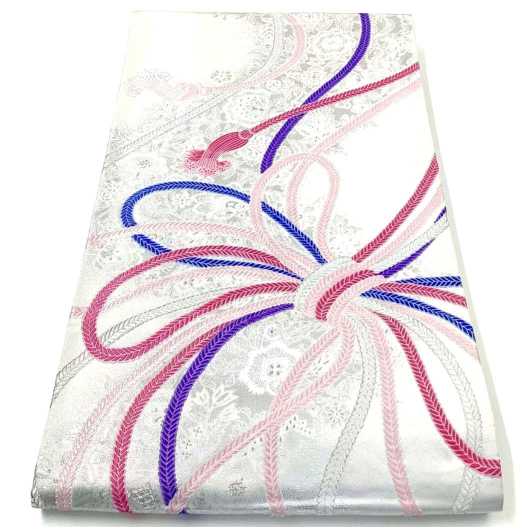 4786# Japanese Vintage Fukuro Obi Belt Kimono Fabric Silk Traditional Silver