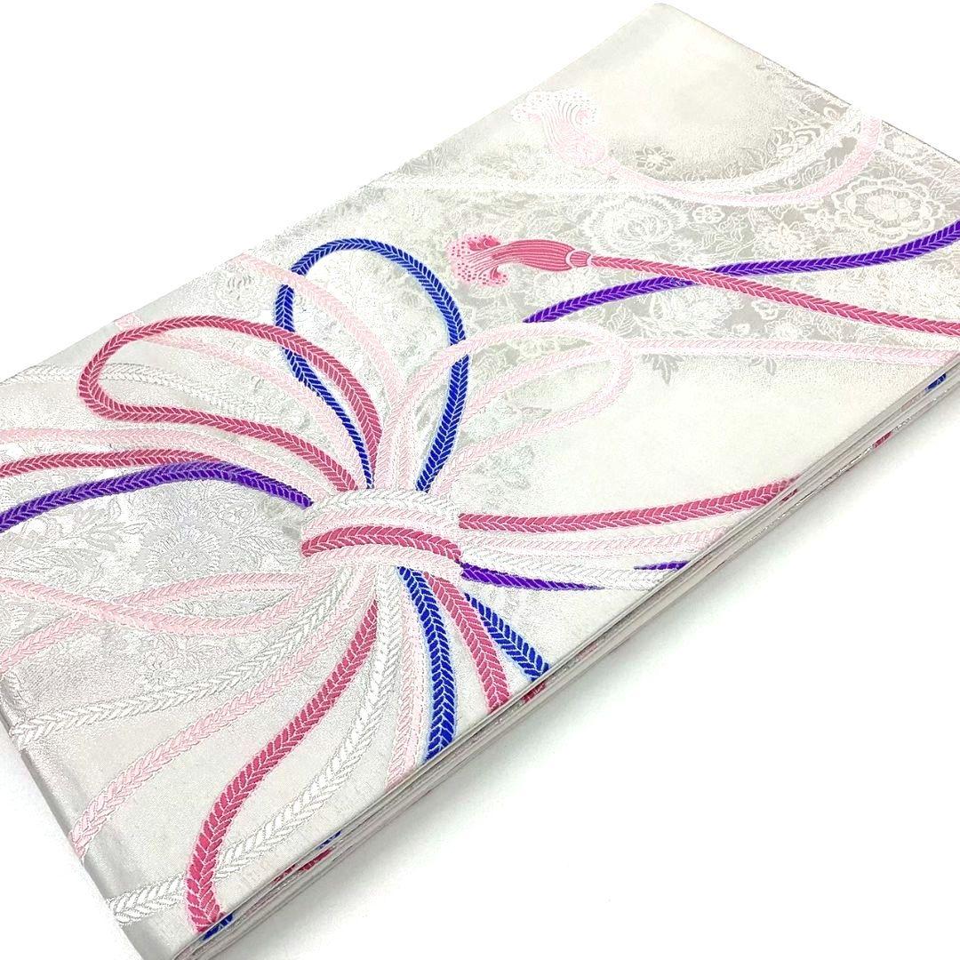 4786# Japanese Vintage Fukuro Obi Belt Kimono Fabric Silk Traditional Silver