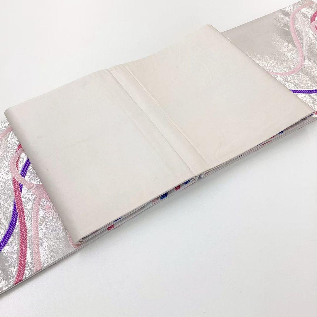 4786# Japanese Vintage Fukuro Obi Belt Kimono Fabric Silk Traditional Silver