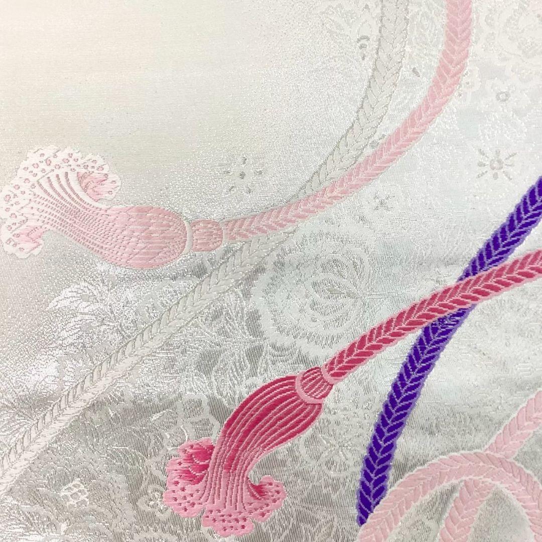 4786# Japanese Vintage Fukuro Obi Belt Kimono Fabric Silk Traditional Silver