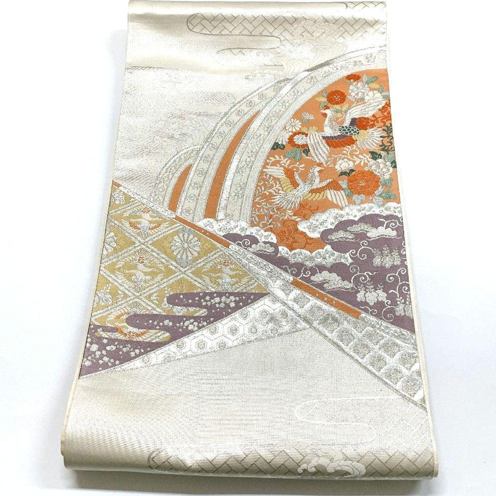 4075# Japanese Vintage Fukuro Obi Belt Kimono Fabric Silk Traditional Silver