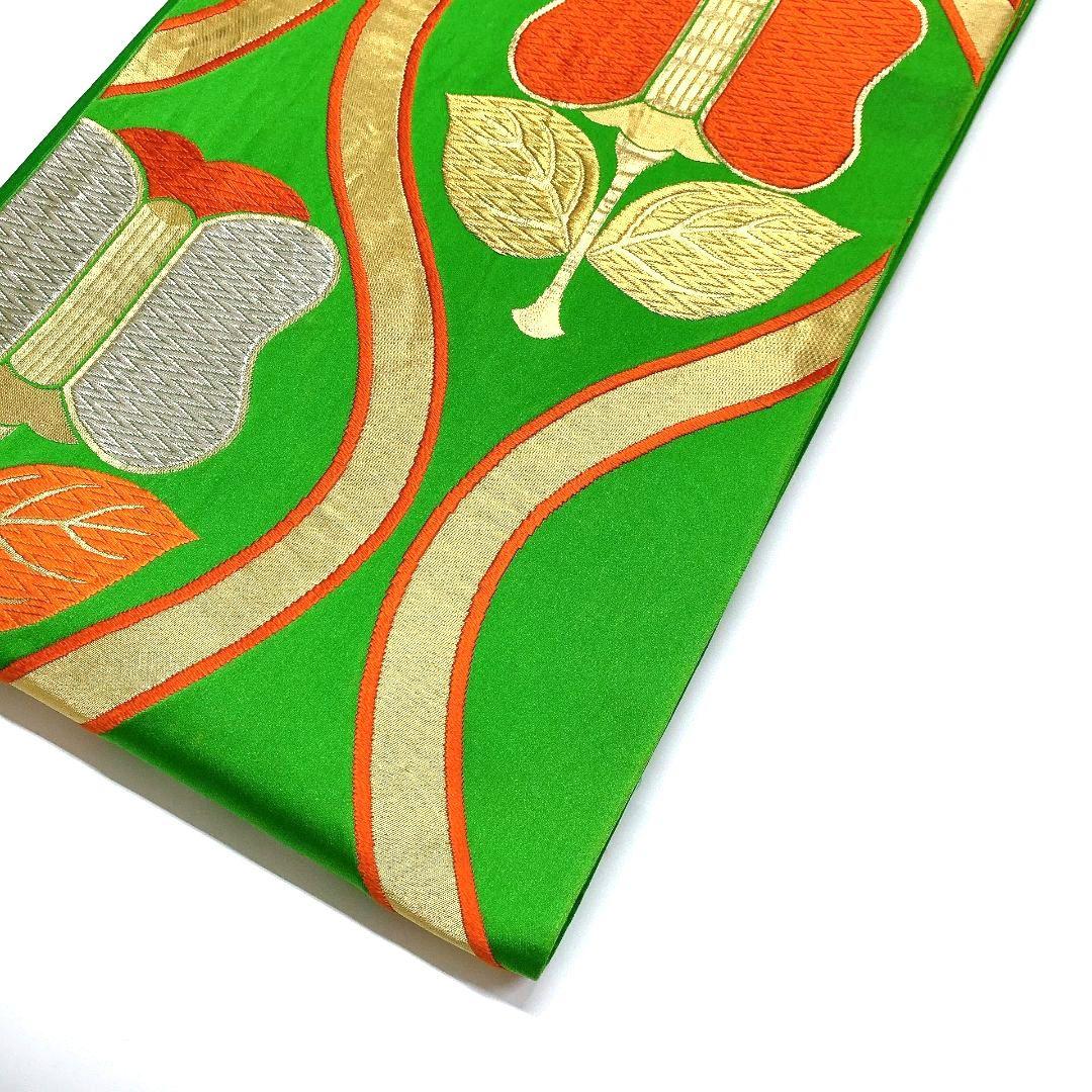 3766# Japanese Vintage Fukuro Obi Belt Kimono Fabric Silk Traditional Green