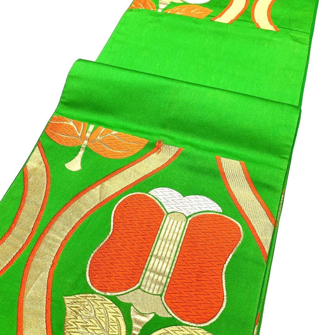 3766# Japanese Vintage Fukuro Obi Belt Kimono Fabric Silk Traditional Green
