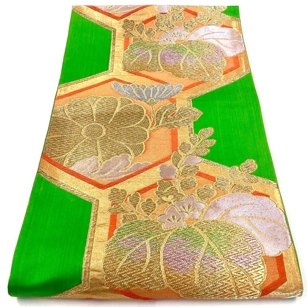 4228# Japanese Vintage Fukuro Obi Belt Kimono Fabric Silk Traditional Green
