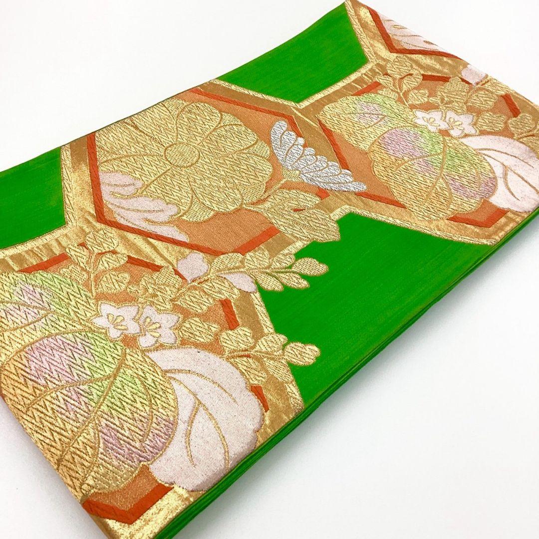4228# Japanese Vintage Fukuro Obi Belt Kimono Fabric Silk Traditional Green
