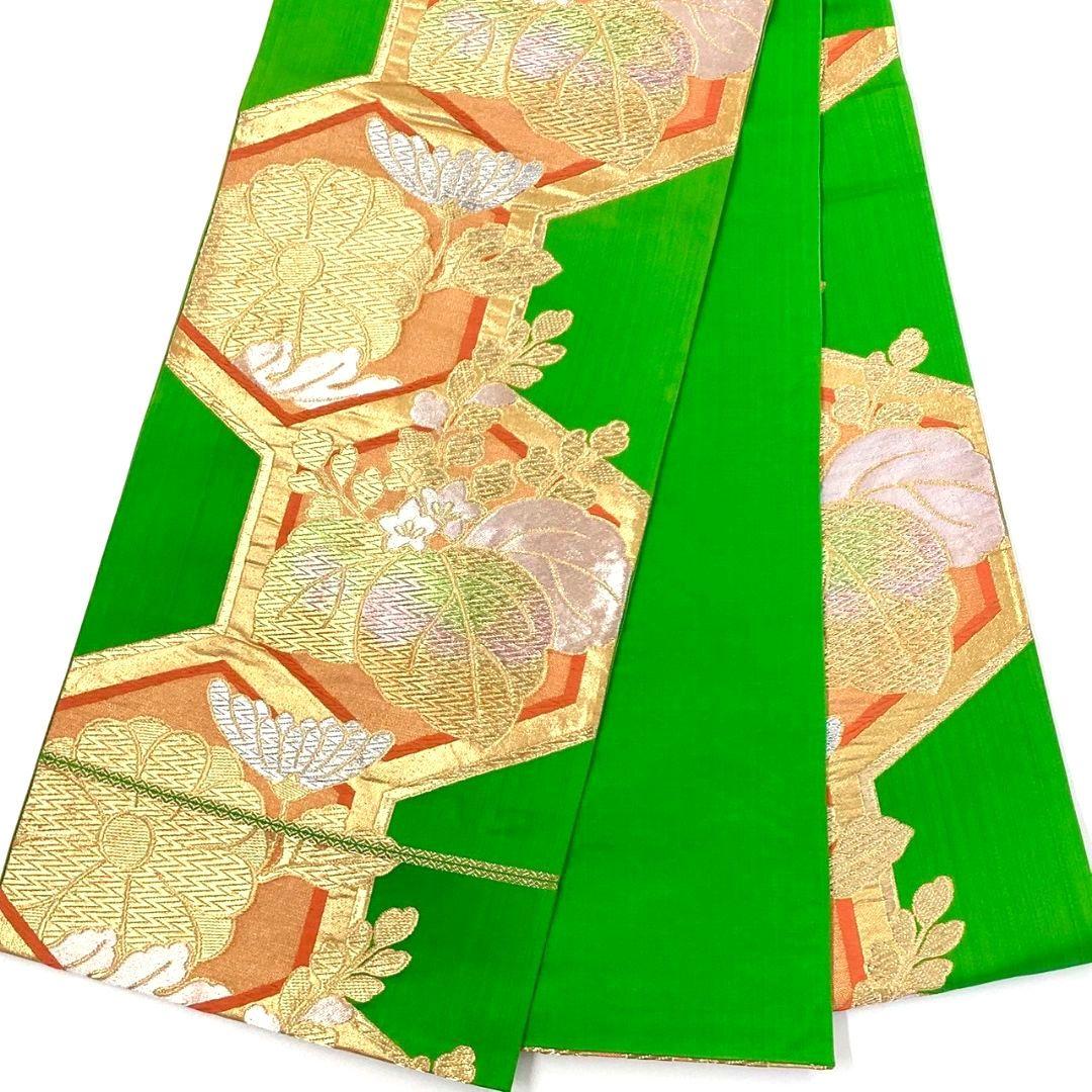4228# Japanese Vintage Fukuro Obi Belt Kimono Fabric Silk Traditional Green