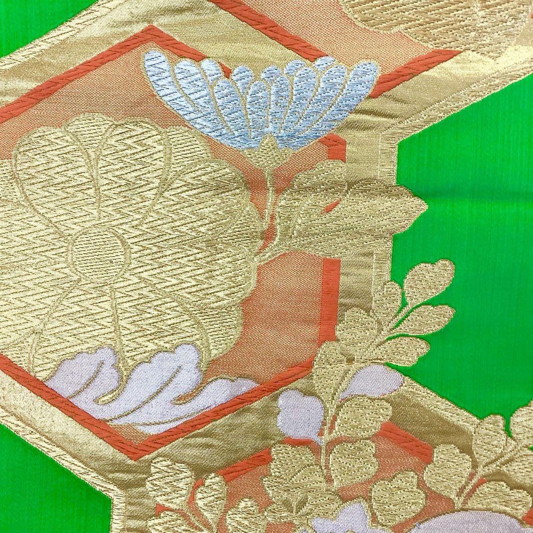 4228# Japanese Vintage Fukuro Obi Belt Kimono Fabric Silk Traditional Green