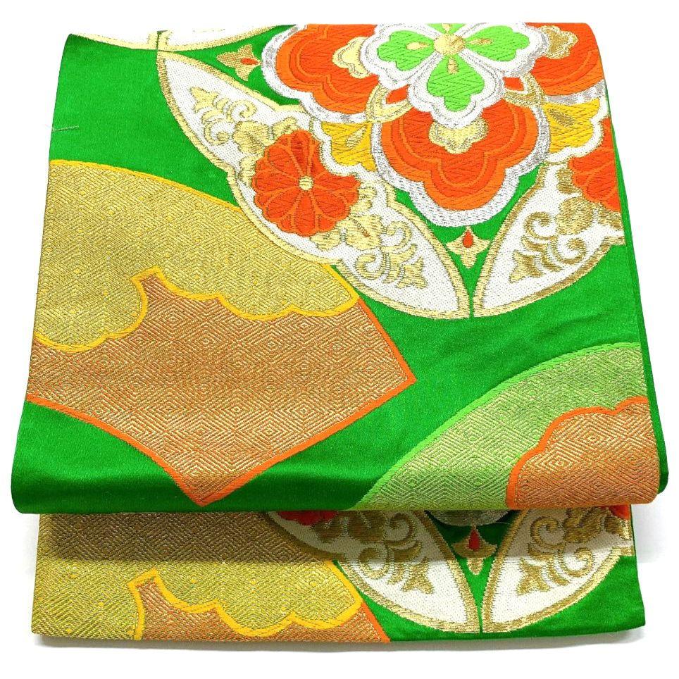 3755# Japanese Vintage Fukuro Obi Belt Kimono Fabric Silk Traditional Green