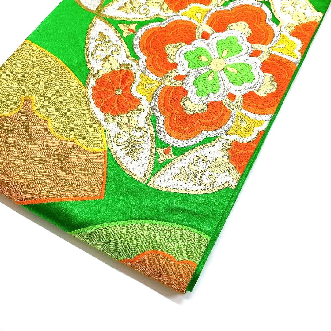 3755# Japanese Vintage Fukuro Obi Belt Kimono Fabric Silk Traditional Green