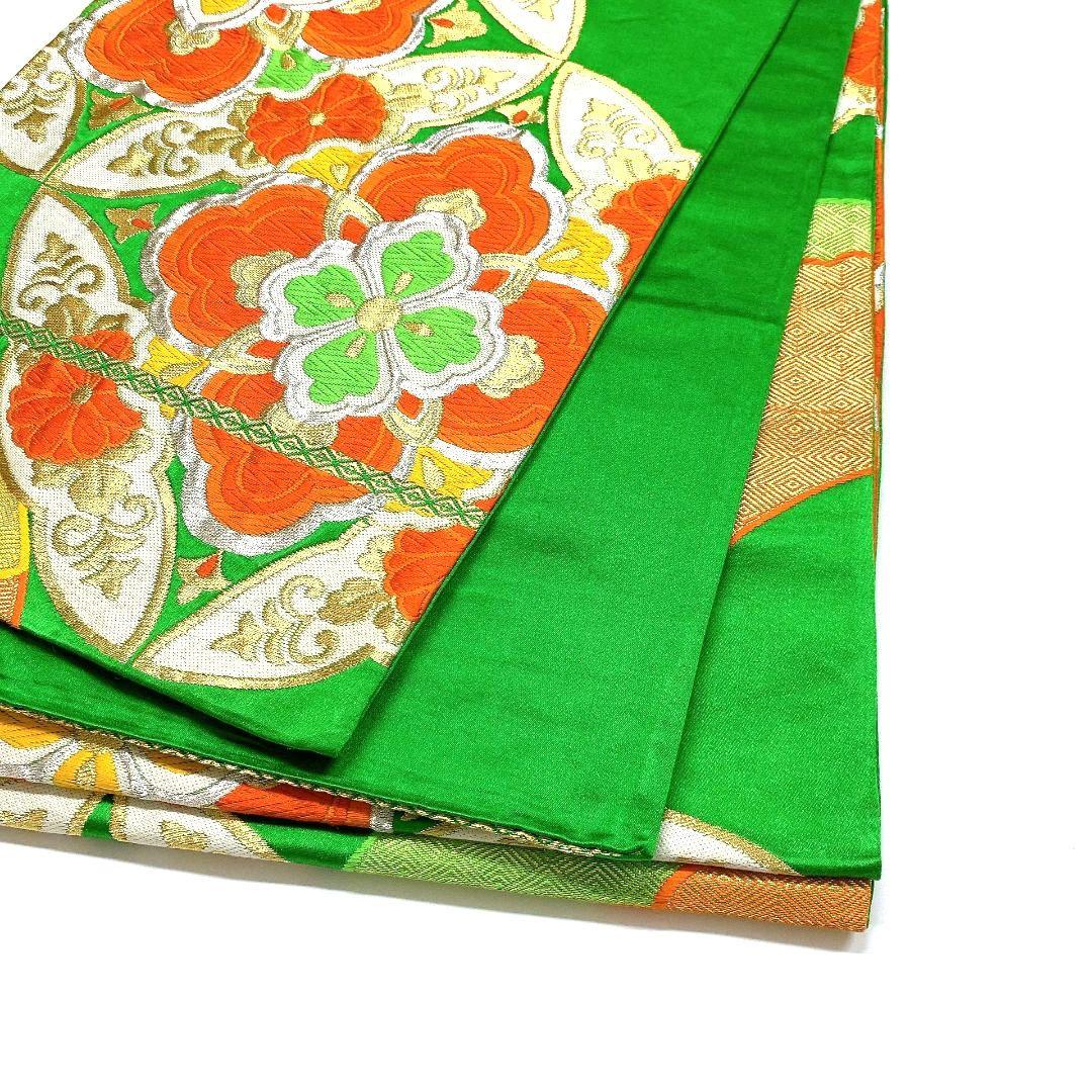 3755# Japanese Vintage Fukuro Obi Belt Kimono Fabric Silk Traditional Green