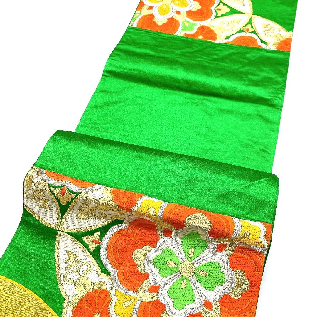 3755# Japanese Vintage Fukuro Obi Belt Kimono Fabric Silk Traditional Green