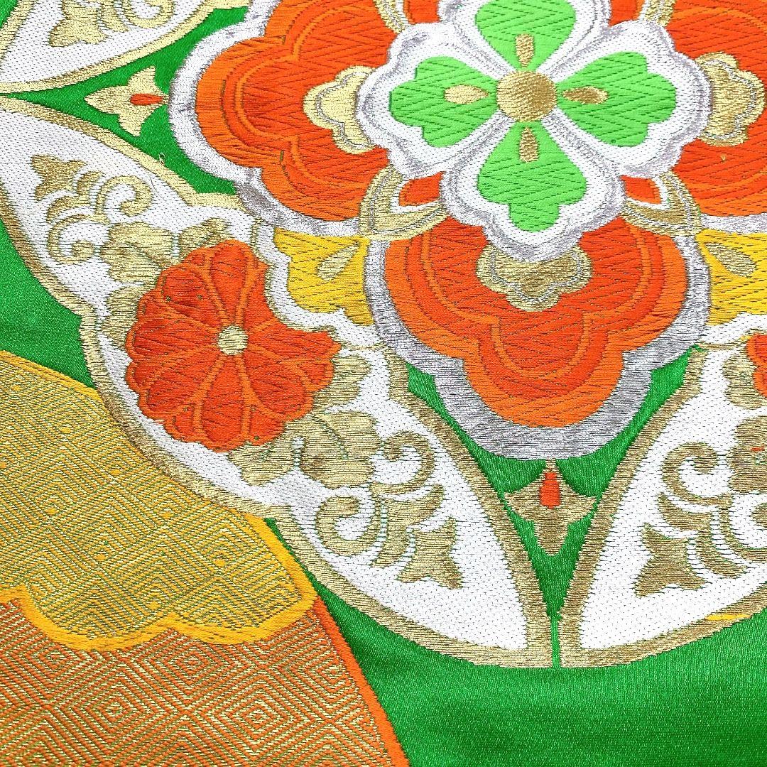 3755# Japanese Vintage Fukuro Obi Belt Kimono Fabric Silk Traditional Green