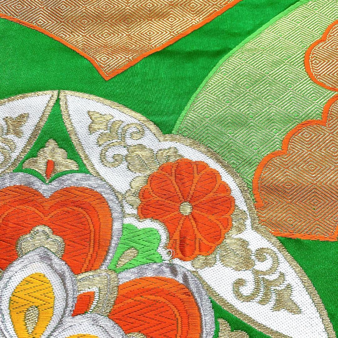 3755# Japanese Vintage Fukuro Obi Belt Kimono Fabric Silk Traditional Green