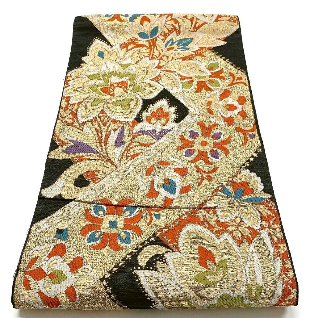 4141# Japanese Vintage Fukuro Obi Belt Kimono Fabric Silk Traditional Black
