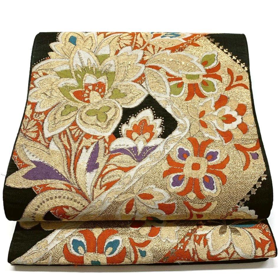 4141# Japanese Vintage Fukuro Obi Belt Kimono Fabric Silk Traditional Black