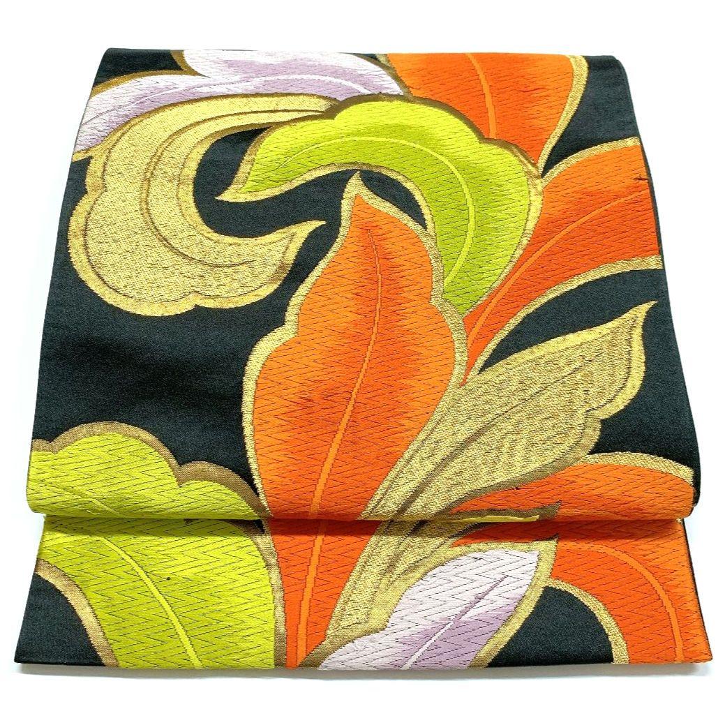 4511# Japanese Vintage Fukuro Obi Belt Kimono Fabric Silk Traditional Black
